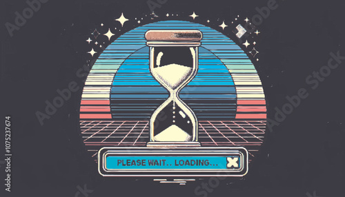 This image features a classic hourglass placed on a futuristic retro background. The hourglass has a pixelated design that gives it a vintage feel