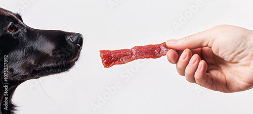 A hand holds a piece of meat jerky in front of the dog's mouth against a white background