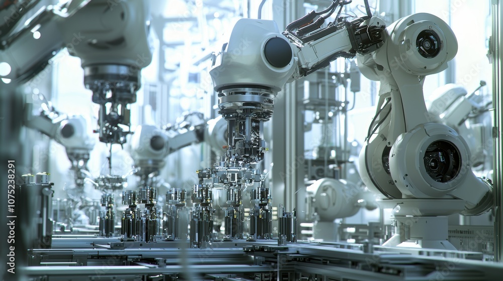 A futuristic factory scene with robotic arms performing automated tasks, surrounded by a high-tech, industrial environment. A futuristic factory scene with robotic arms performing automated tasks, surrounded by a high-tech, industrial environment.