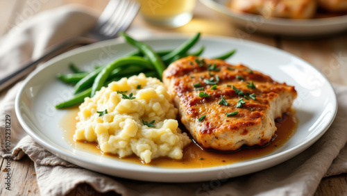 A delicious meal featuring Mary's Meal Chicken served with sautéed green beans and creamy mashed potatoes on a white plate.