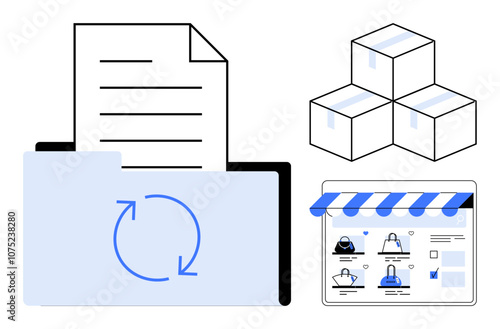 Digital file in folder symbolizing synchronization, three boxes indicating inventory, webpage with products. Ideal for workflow automation, e-commerce, inventory tracking, online shopping, logistics