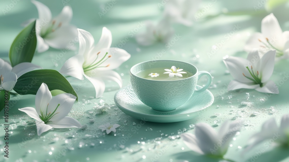 Serene Green Tea with White Flowers in Soft Focus Background Serene Green Tea with White Flowers in Soft Focus Background
