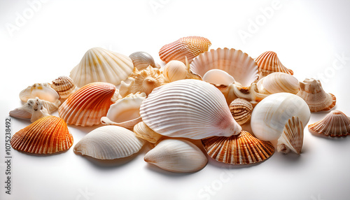 A vibrant assortment of various seashells showcasing different shapes and colors, beautifully arranged against a white background, evoking a sense of the beach and ocean life.