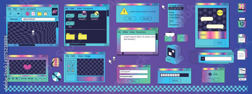 Browser neon screens. Retro window black interface, vintage computer internet frame dialogue file folder desktop nostalgia 80s synth waves virtual space, classy vector illustration