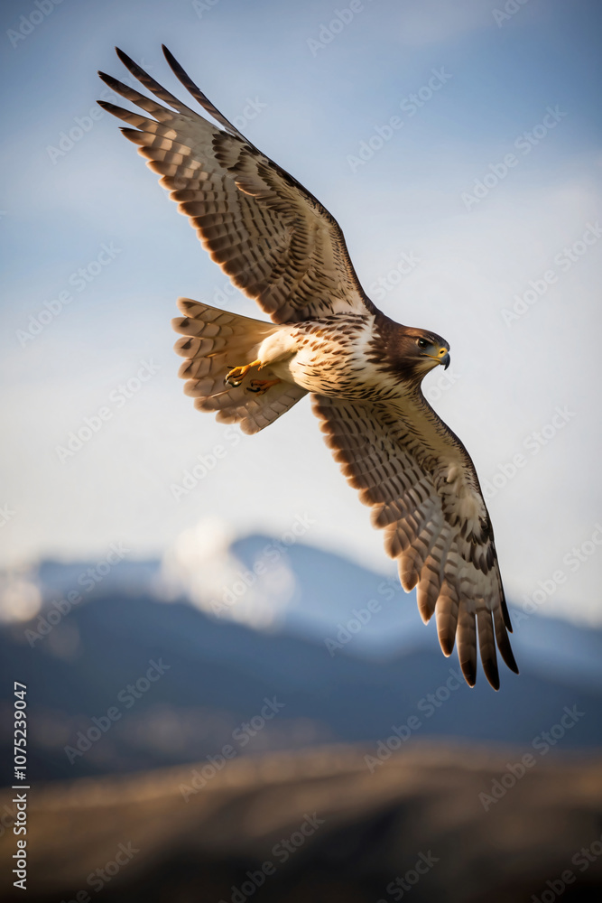 Obraz premium A gorgeous hawk soars gracefully above a mountain range, its wings outstretched against the clear blue sky
