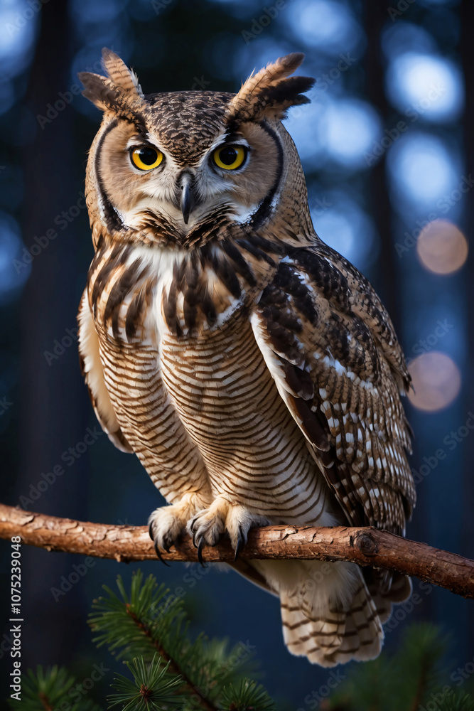 Obraz premium A gorgeous great horned owl perches on a branch in a forest during the day