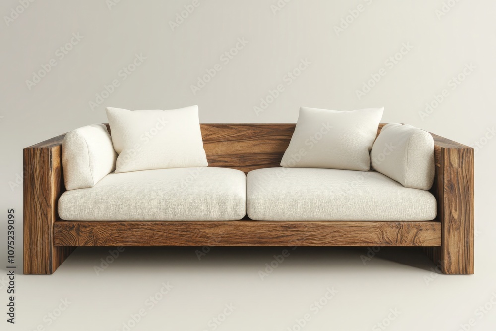 3D Rendering of Modern Wooden Sofa and Armchair with White Cushions 3D Rendering of Modern Wooden Sofa and Armchair with White Cushions