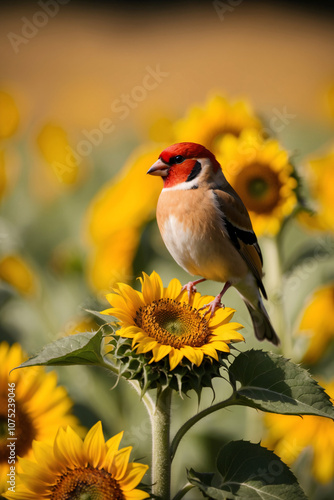 A gorgeous small red-headed bird perches on a sunflower in a field of blooming sunflowers