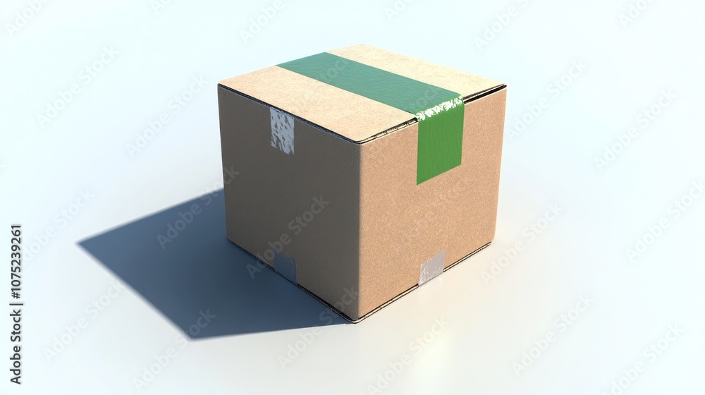 A cardboard box with a green tape seal on a white background. A cardboard box with a green tape seal on a white background.