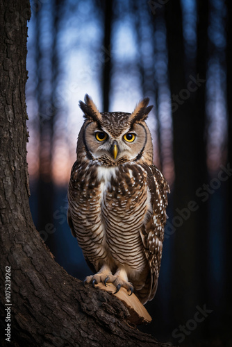 An owl perches on a tree branch in a dark forest, its yellow eyes piercing the darkness