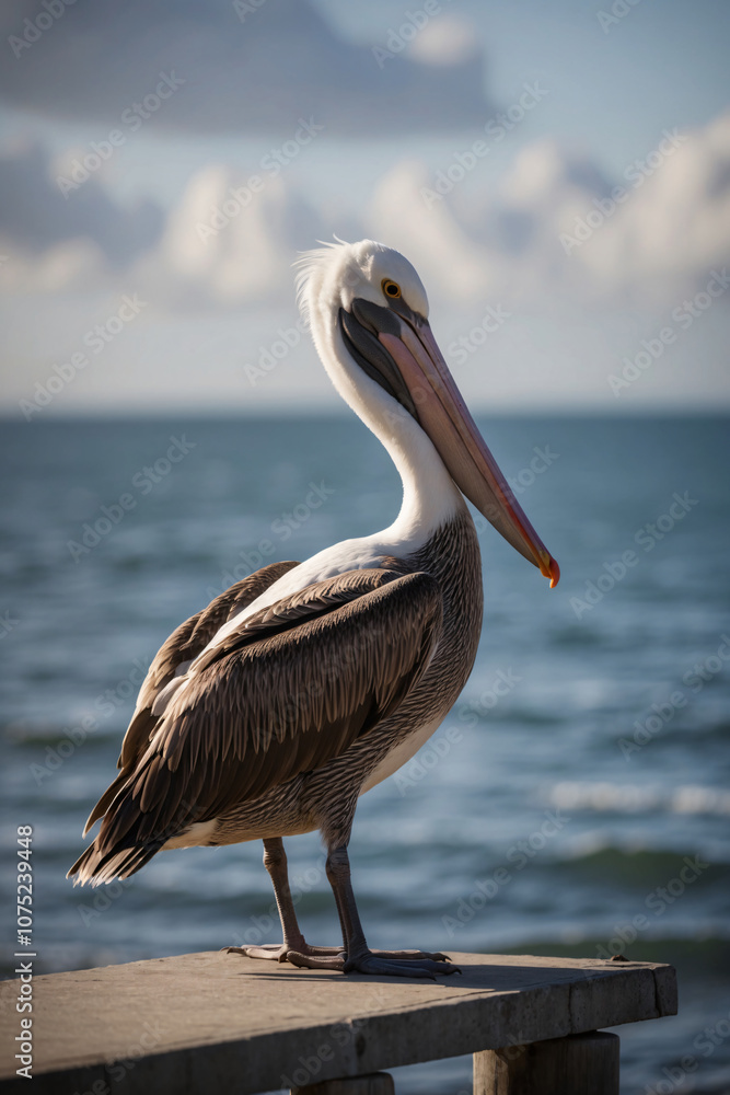 A gorgeous brown pelican stands on a wooden pier overlooking the ocean A gorgeous brown pelican stands on a wooden pier overlooking the ocean