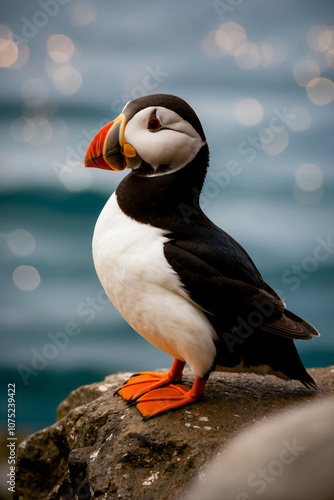 A puffin stands on a rock near the ocean