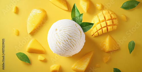 Delicious mango ice cream scoop lying on yellow background photo