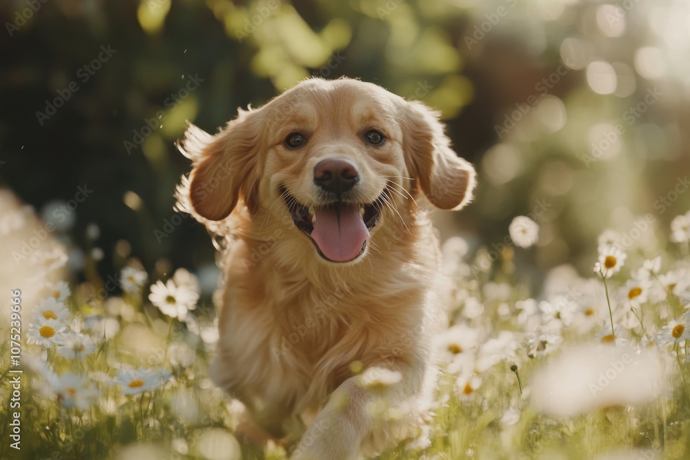 Cute Golden Retriever Puppy Running in Green Grass with Daisies Cute Golden Retriever Puppy Running in Green Grass with Daisies
