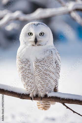 A gorgeous snowy owl perches on a branch in a snowy forest
