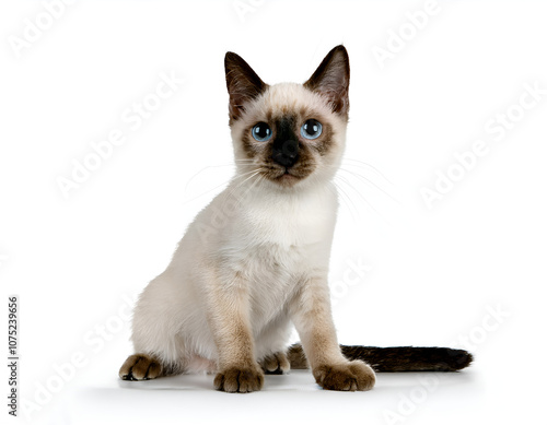 A charming Siamese kitten stares with captivating blue eyes against a clean white background. This image captures the innocence and curiosity of a young feline, perfect for cat lovers. photo