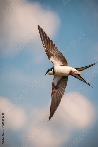 A swallow flies gracefully through the sky, its wings spread wide against a backdrop of white clouds