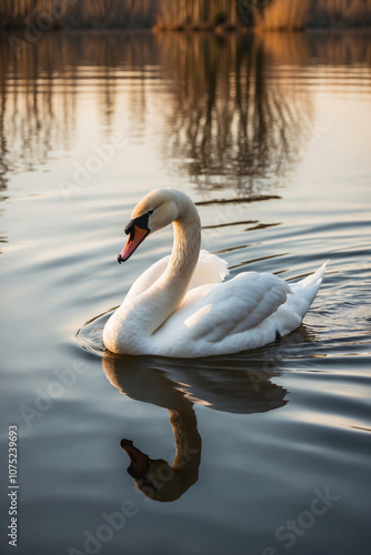 A graceful swan glides through the calm waters of a lake at sunset