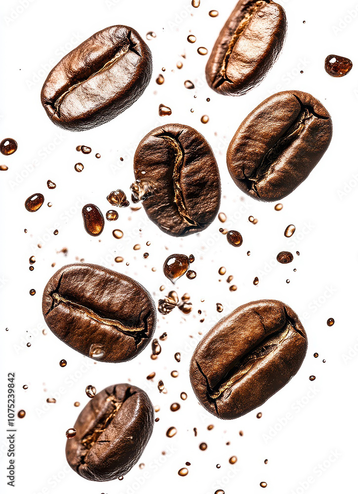 Roasted coffee beans falling with splashing water on white background Roasted coffee beans falling with splashing water on white background