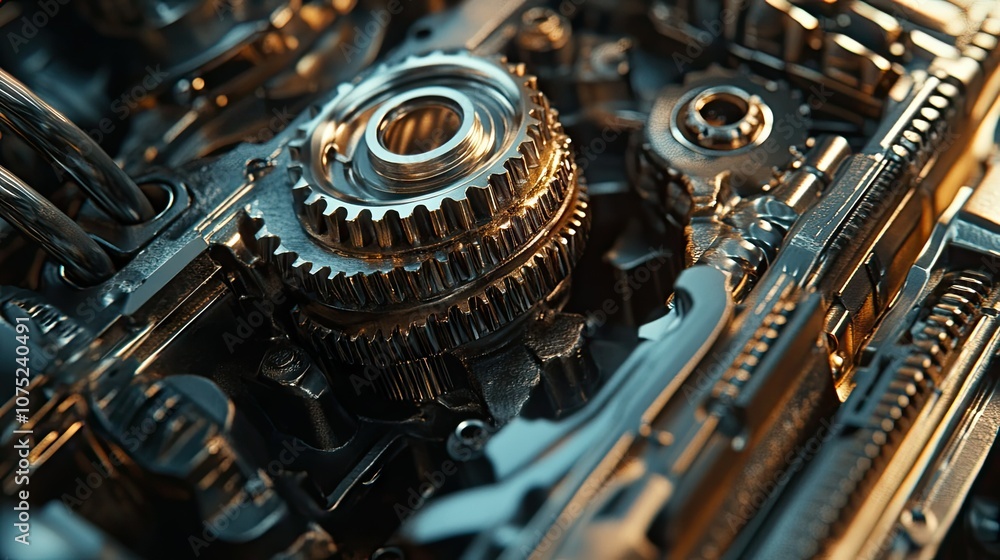 Close-up of engine gears with oil sheen, focusing on mechanical design and metallic textures. Close-up of engine gears with oil sheen, focusing on mechanical design and metallic textures.