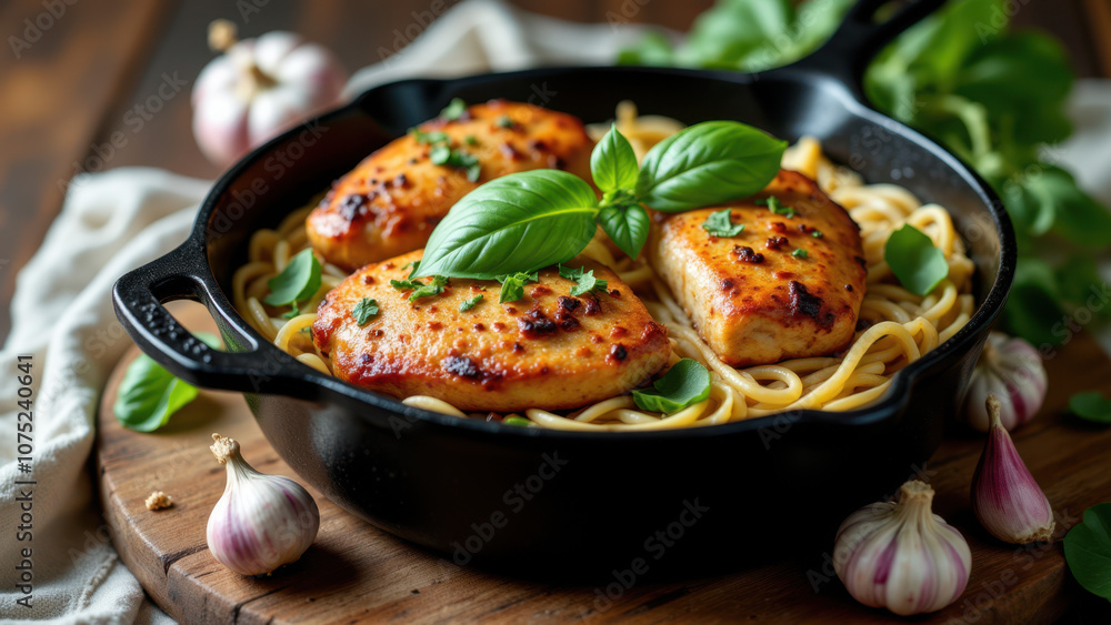 Marry Me Chicken dish in a pan, topped with basil, served on a rustic wooden table with garlic cloves in the background. Marry Me Chicken dish in a pan, topped with basil, served on a rustic wooden table with garlic cloves in the background.