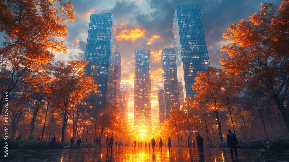 Fototapeta premium A vibrant sunset cityscape with silhouettes of people and trees.