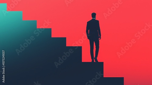 Entrepreneur climbing digital stairs made of stock charts, success journey concept, gradient background