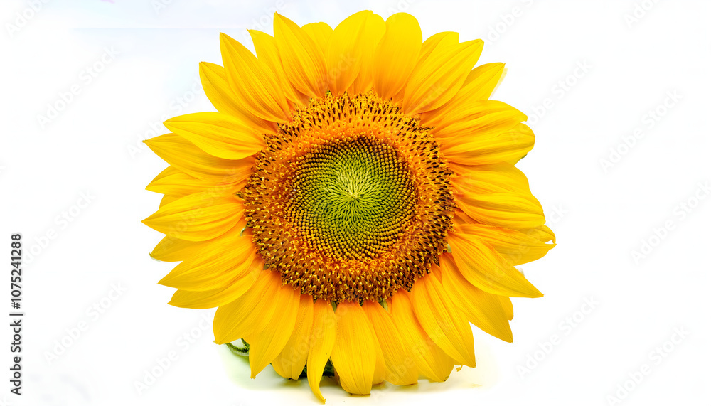 Fototapeta premium Detailed close-up of a bright yellow sunflower with vivid petals and lush green center isolated on a white background, symbolizing summer, brightness, and positivity.