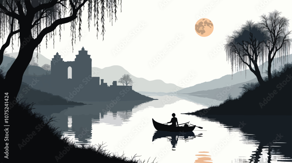 Fototapeta premium Peaceful River with Rowing Boat and Moonlit Reflection