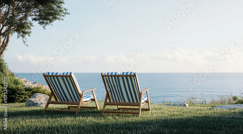 Two striped beach chairs sit on a grassy cliff overlooking the ocean on a clear day