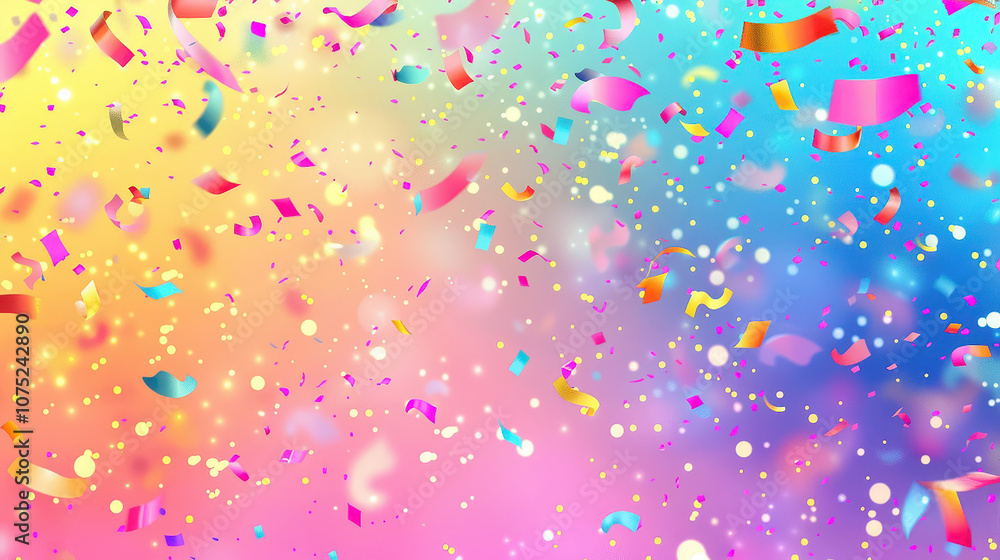 Colorful confetti and ribbons falling on a vibrant rainbow background Colorful confetti and ribbons falling on a vibrant rainbow background