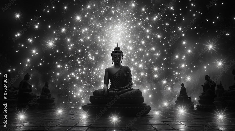 Buddha Statue with Starry Sky Background Buddha Statue with Starry Sky Background