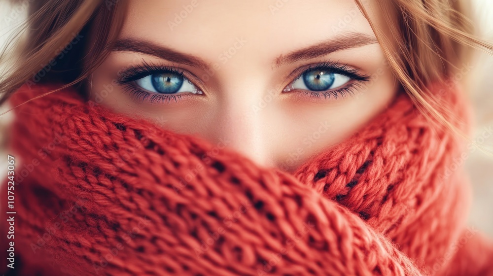 Close-up portrait of a woman with blue eyes looking at the camera, wrapped in a red scarf. Close-up portrait of a woman with blue eyes looking at the camera, wrapped in a red scarf.
