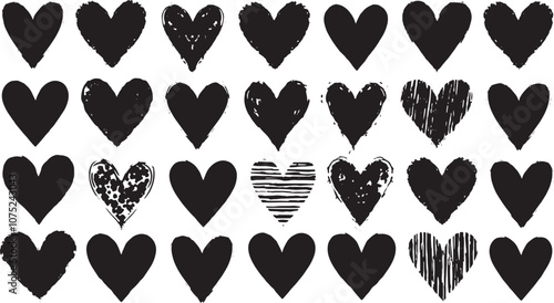 Collection of Black Hearts with Distressed and Striped Designs for Valentine's Day