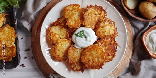 Draniki, Potato Pancakes on a white plate, Traditional Belarusian dish, Crispy fried potato pancakes served with sour cream, golden brown crust