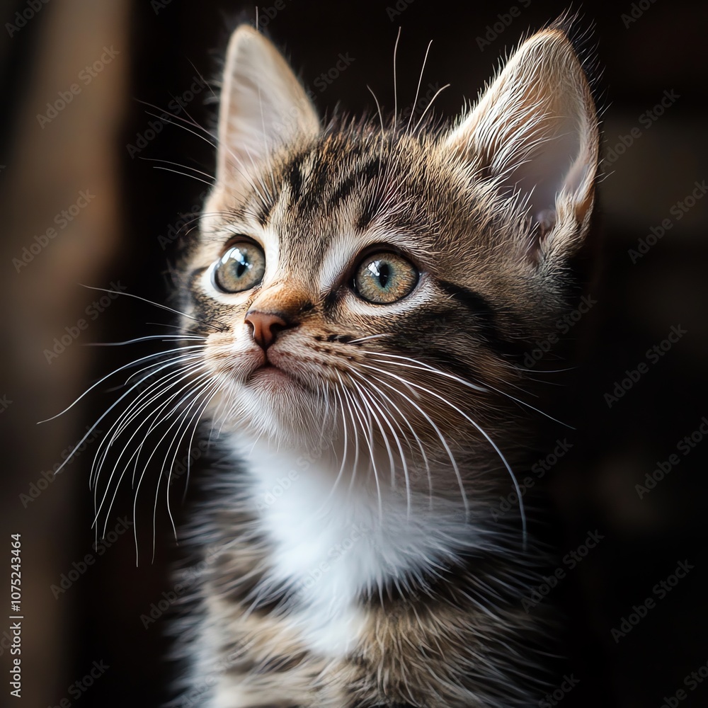 A close-up portrait of a cute tabby kitten with big green eyes looking up. A close-up portrait of a cute tabby kitten with big green eyes looking up.