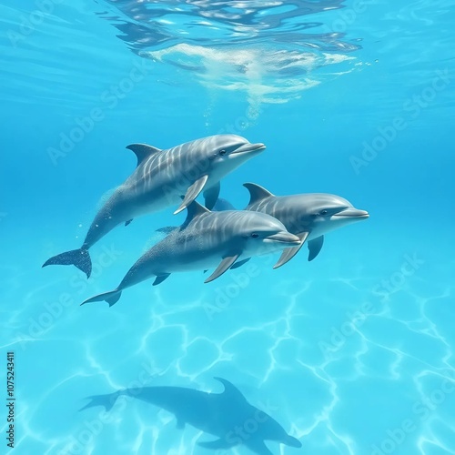 This image shows three dolphins swimming below the surface of the water.