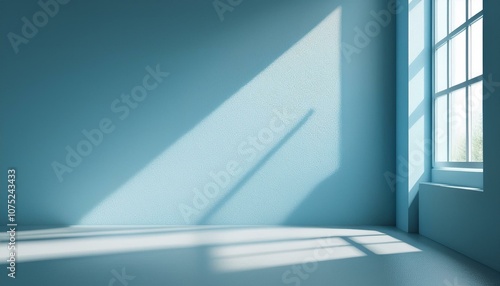 minimal abstract light blue background for product presentation shadow and light from windows on plaster wall