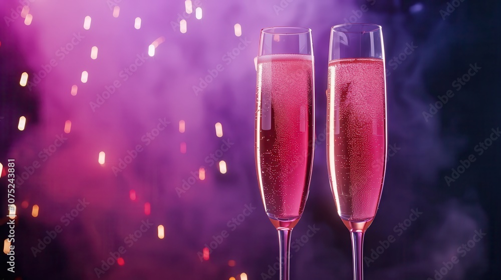 celebrate with a champagne toast a gift box and fireworks. Two sparkling flutes of pink champagne against a vibrant, festive background with colorful sparkles and smoke. celebrate with a champagne toast a gift box and fireworks. Two sparkling flutes of pink champagne against a vibrant, festive background with colorful sparkles and smoke.