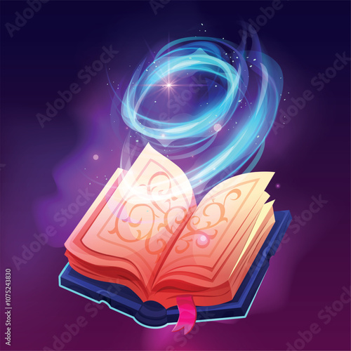 Spell book cast. Fantasy rpg game books spelled magic spells, wizard or witch casting spelling glow energy witchcraft sprite, cartoon fairytale storybook swanky vector illustration