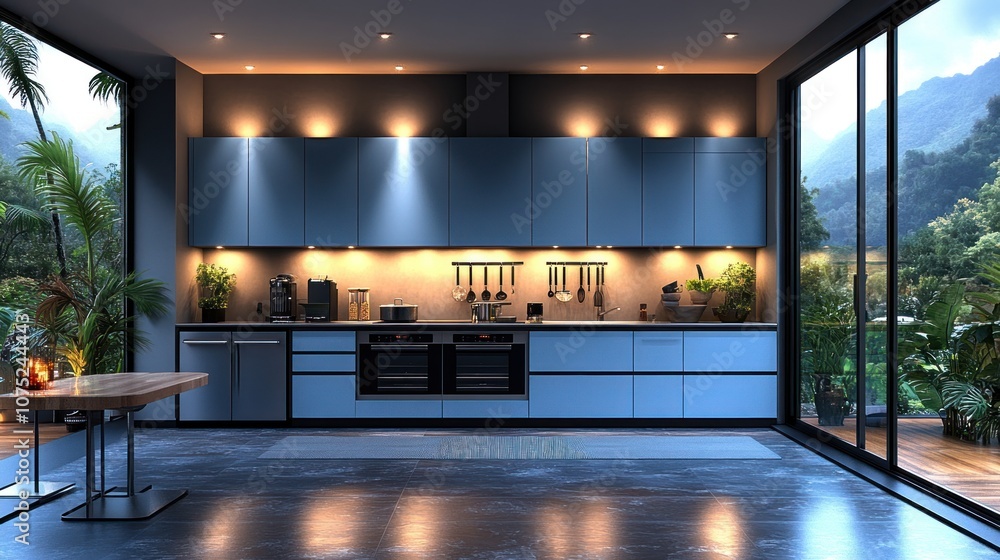 Fototapeta premium Modern kitchen with sleek design and lush outdoor view.