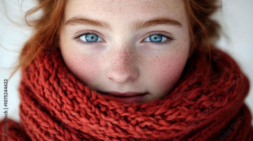 Naklejka premium Close-up portrait of a young woman with red hair and blue eyes wearing a knitted scarf.