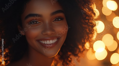 Radiant Smiling Woman with Curly Hair and Warm Bokeh Background