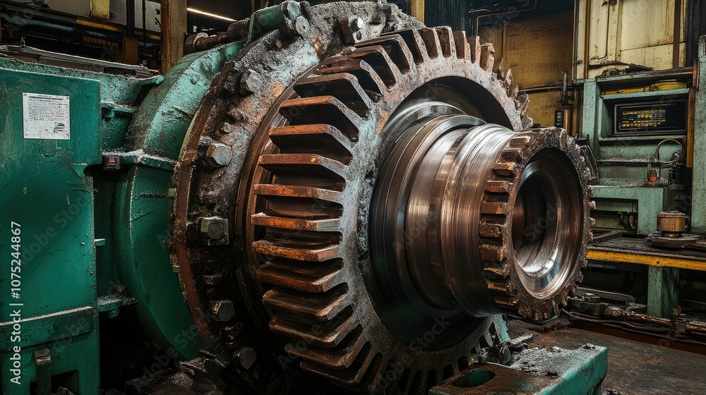 Detailed view of large metal gear wheels in an industrial engine, intricate and powerful. Detailed view of large metal gear wheels in an industrial engine, intricate and powerful.