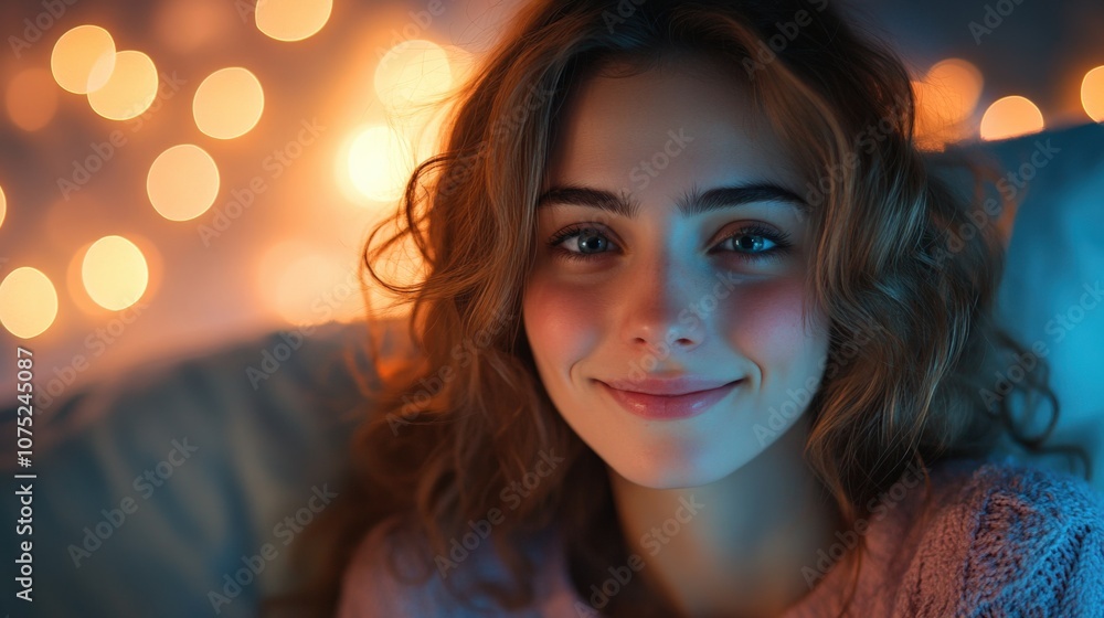 Warm and Inviting Portrait of a Smiling Young Woman with Soft Bokeh Lights Warm and Inviting Portrait of a Smiling Young Woman with Soft Bokeh Lights