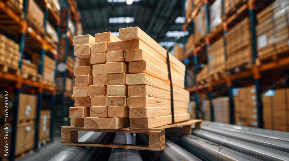 Obraz premium Stack of lumber planks sitting on wooden pallet in warehouse