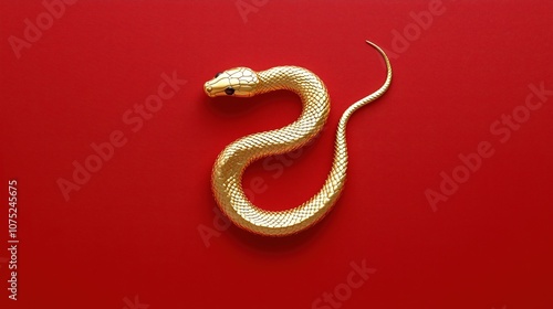 A shimmering golden snake lies elegantly on a bold red background, creating a striking contrast and a sense of richness. Year of a snake.