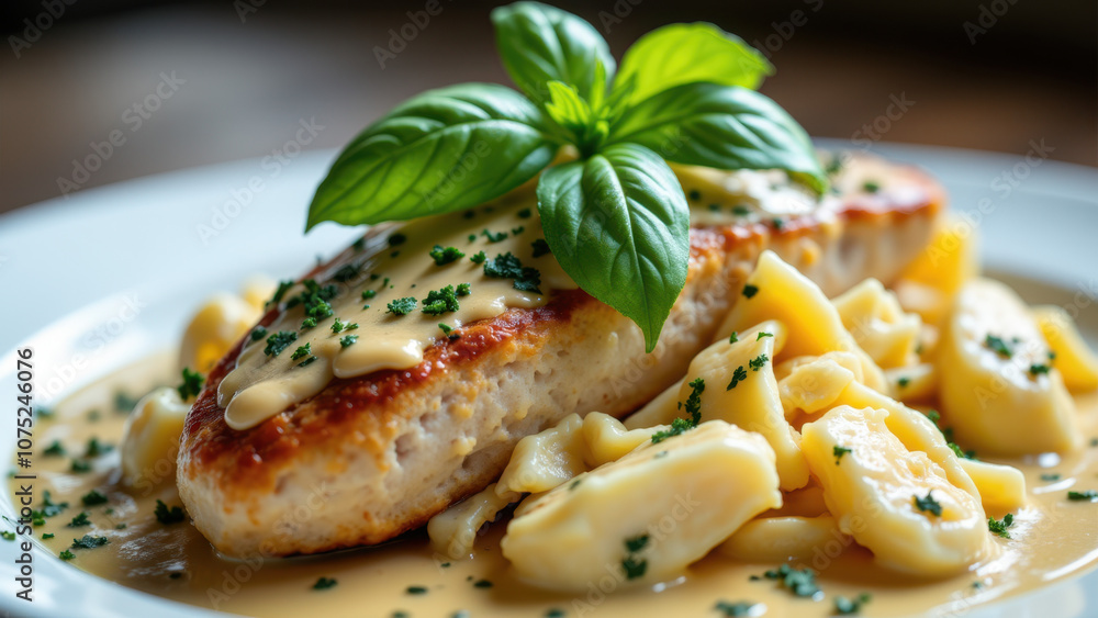 Delicious looking chicken dinner with creamy sauce on a white plate. Delicious looking chicken dinner with creamy sauce on a white plate.