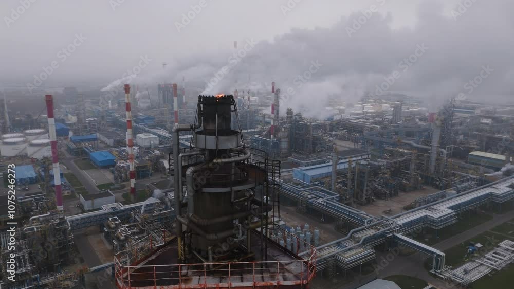 Industrial Refinery Emitting Smoke into Foggy Atmosphere Industrial Refinery Emitting Smoke into Foggy Atmosphere