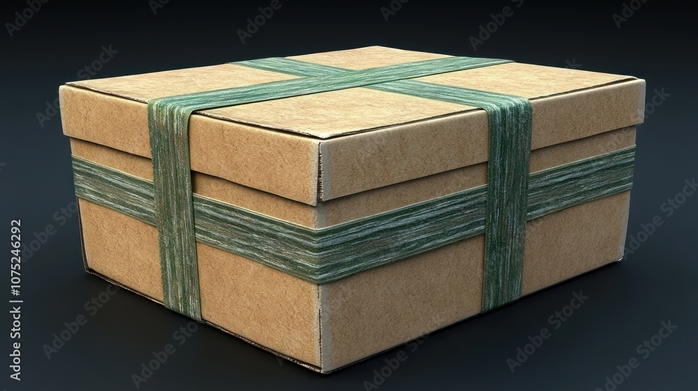A closed cardboard box secured with green tape. A closed cardboard box secured with green tape.